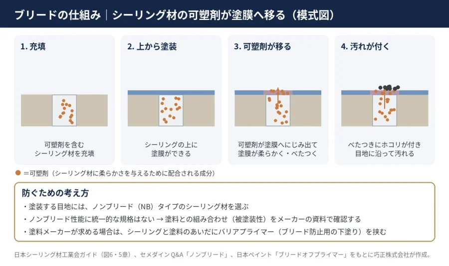 八王子 図解 ブリードの仕組み シーリング材の可塑剤が塗膜へ移りべたつきと汚れが出る