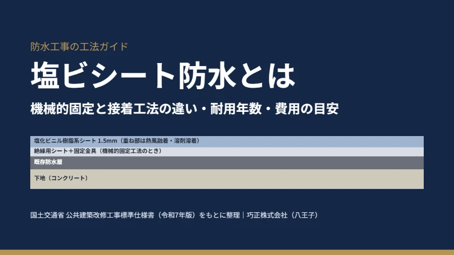塩ビシート防水とは｜機械的固定と接着工法の違い・耐用年数・費用の目安（巧正株式会社 八王子）