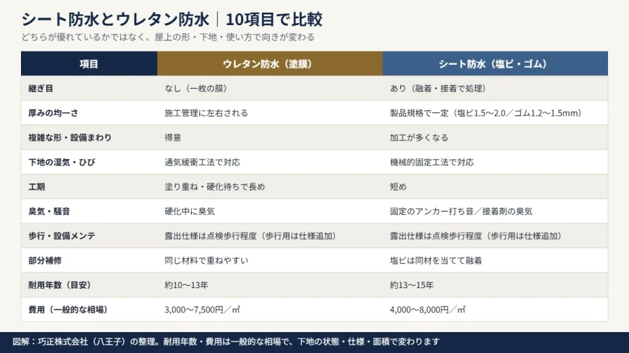 八王子の防水改修|シート防水とウレタン防水を10項目で比較した図解