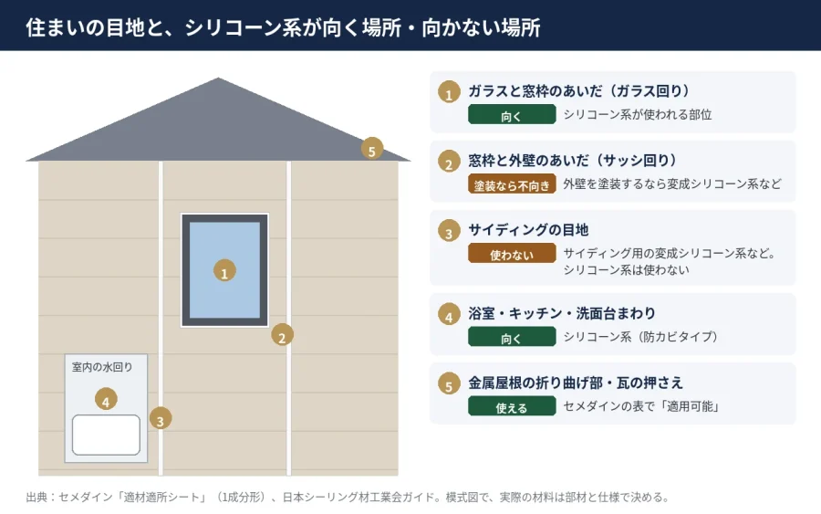 八王子 図解 住宅のガラス回り サッシ回り サイディング目地 水回りとシリコーン系が向く場所 向かない場所