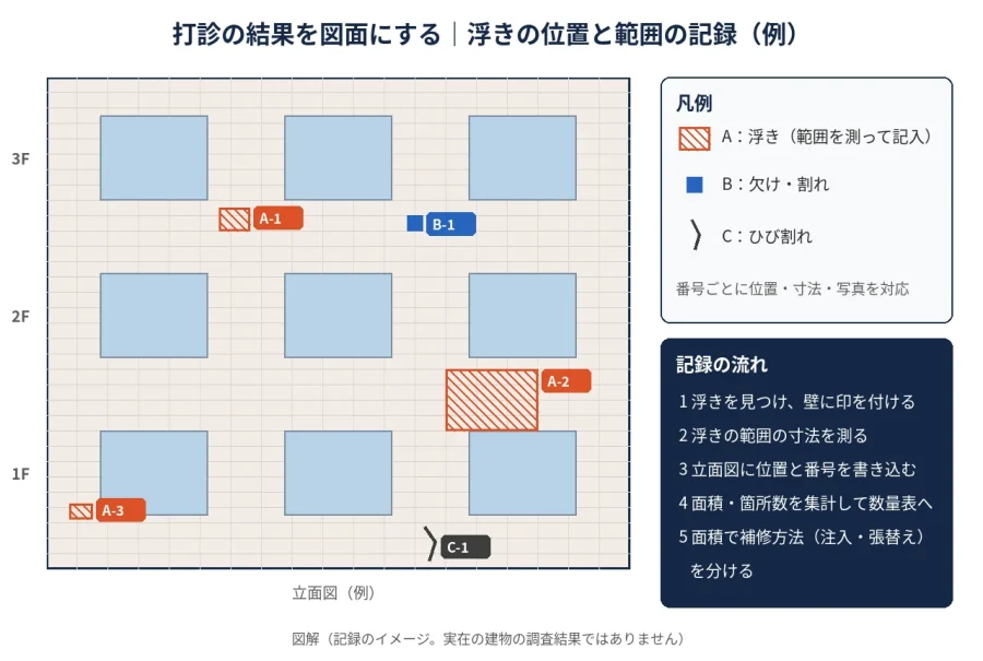 八王子の巧正 図解 打診調査の結果の図面化 浮きの位置と範囲を立面図に記録する例